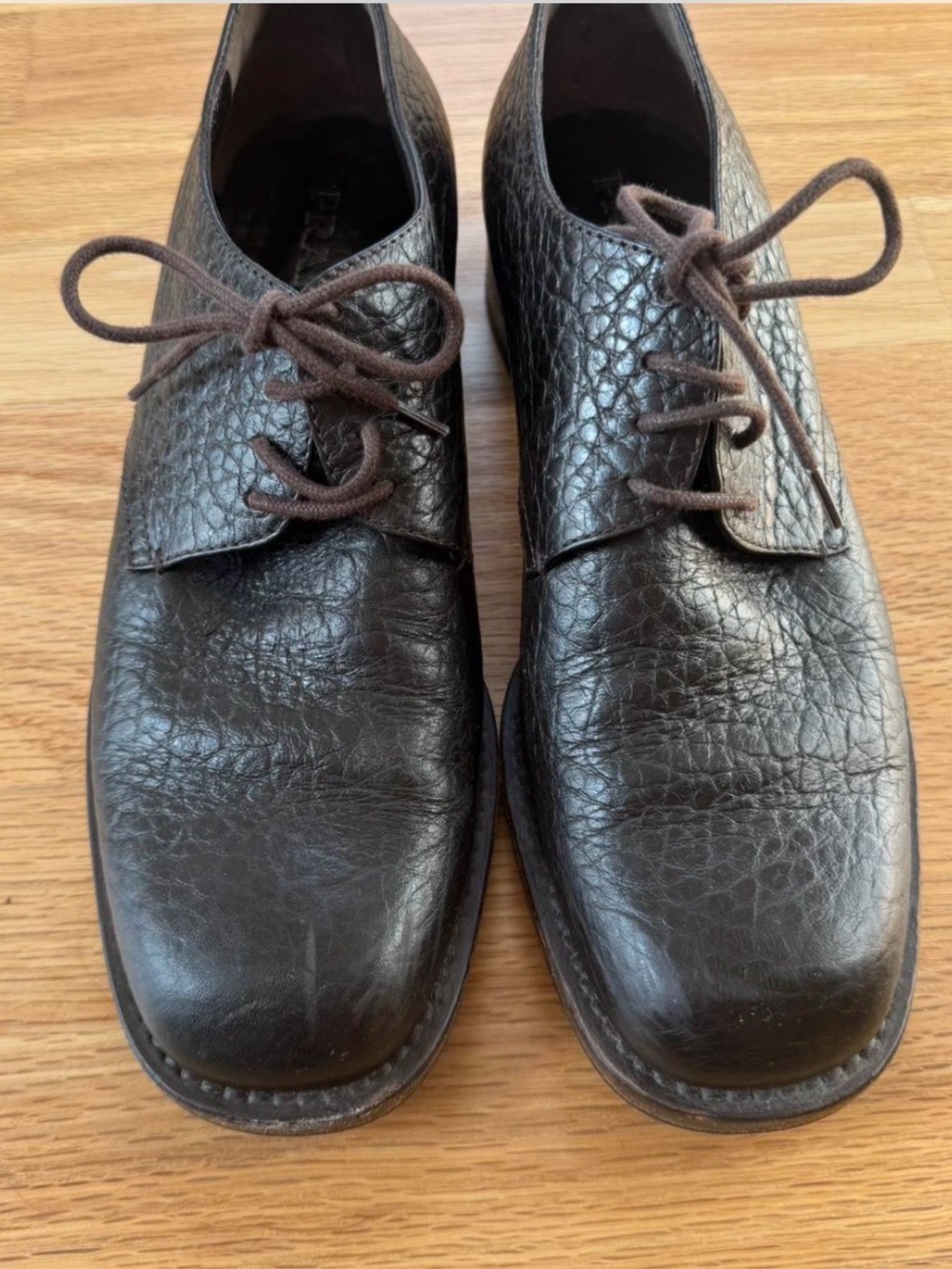 Vintage 90s Prada Dark Brown Textured Leather Lace-Up Flats